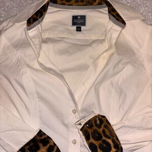 Express essential White button up Shirt with Leopard Accents cuffs
